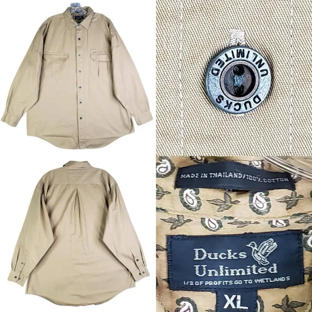 Ducks Unlimited Shirt Tan Khaki Button Down Men's Size XL Long Sleeve
